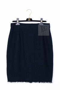 CHANEL 13C Black Navy Cotton Fringe Double Jacket Skirt Suit 42 44 シャネル ブラック ネイビー コットン フリンジ ダブル ジャケット スカート スーツ 即発
