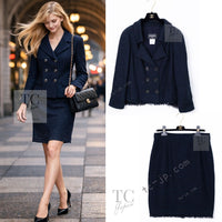 CHANEL 13C Black Navy Cotton Fringe Double Jacket Skirt Suit 42 44 シャネル ブラック ネイビー コットン フリンジ ダブル ジャケット スカート スーツ 即発
