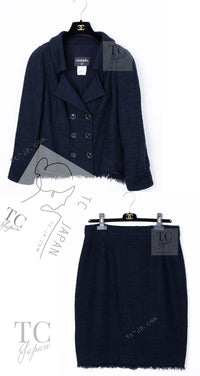 CHANEL 13C Black Navy Cotton Fringe Double Jacket Skirt Suit 42 44 シャネル ブラック ネイビー コットン フリンジ ダブル ジャケット スカート スーツ 即発