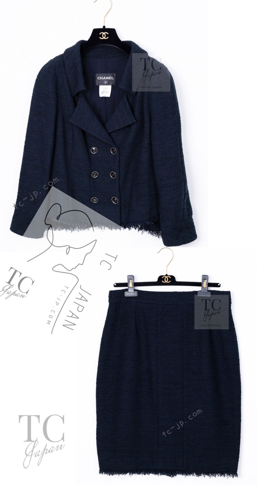 CHANEL 13C Black Navy Cotton Fringe Double Jacket Skirt Suit 42 44 シャネル ブラック ネイビー コットン フリンジ ダブル ジャケット スカート スーツ 即発