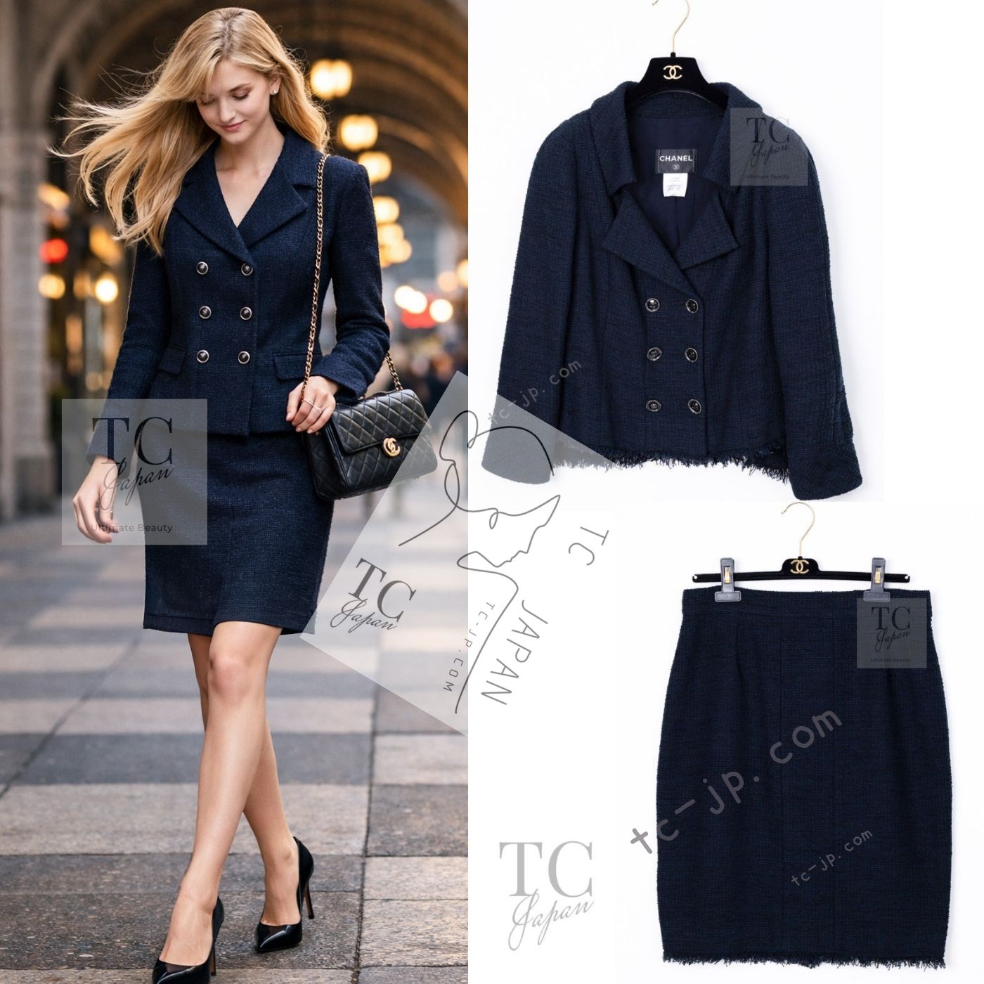 CHANEL 13C Black Navy Cotton Fringe Double Jacket Skirt Suit 42 44 シャネル ブラック ネイビー コットン フリンジ ダブル ジャケット スカート スーツ 即発