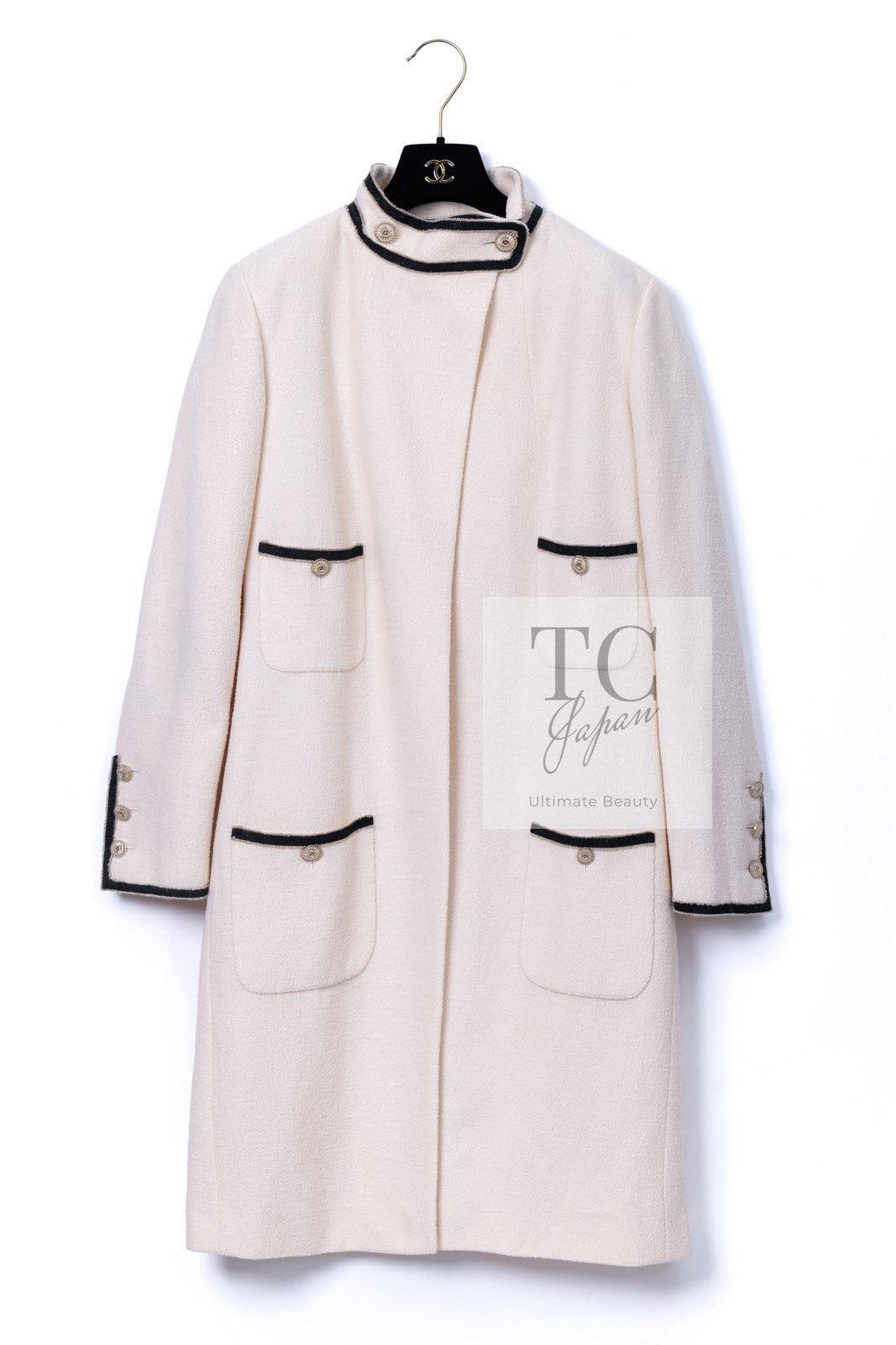 CHANEL 14C Ivory Black Trim Stand Collar Wool Jacket Coat 40 シャネル アイボリー ブラック トリム スタンド襟 ウール ジャケット コート 即発