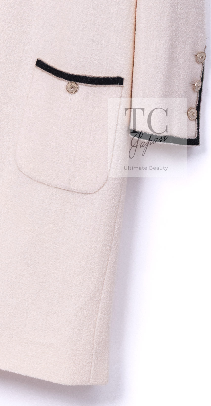 CHANEL 14C Ivory Black Trim Stand Collar Wool Jacket Coat 40 シャネル アイボリー ブラック トリム スタンド襟 ウール ジャケット コート 即発