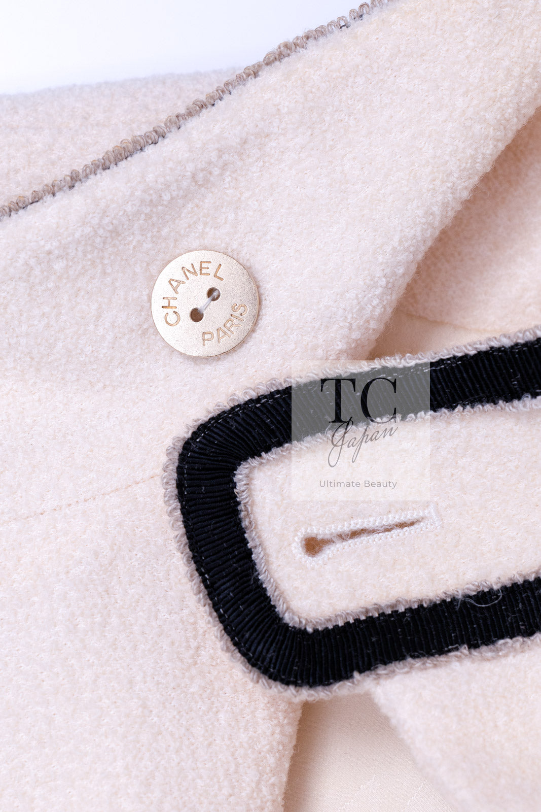 CHANEL 14C Ivory Black Trim Stand Collar Wool Jacket Coat 40 シャネル アイボリー ブラック トリム スタンド襟 ウール ジャケット コート 即発