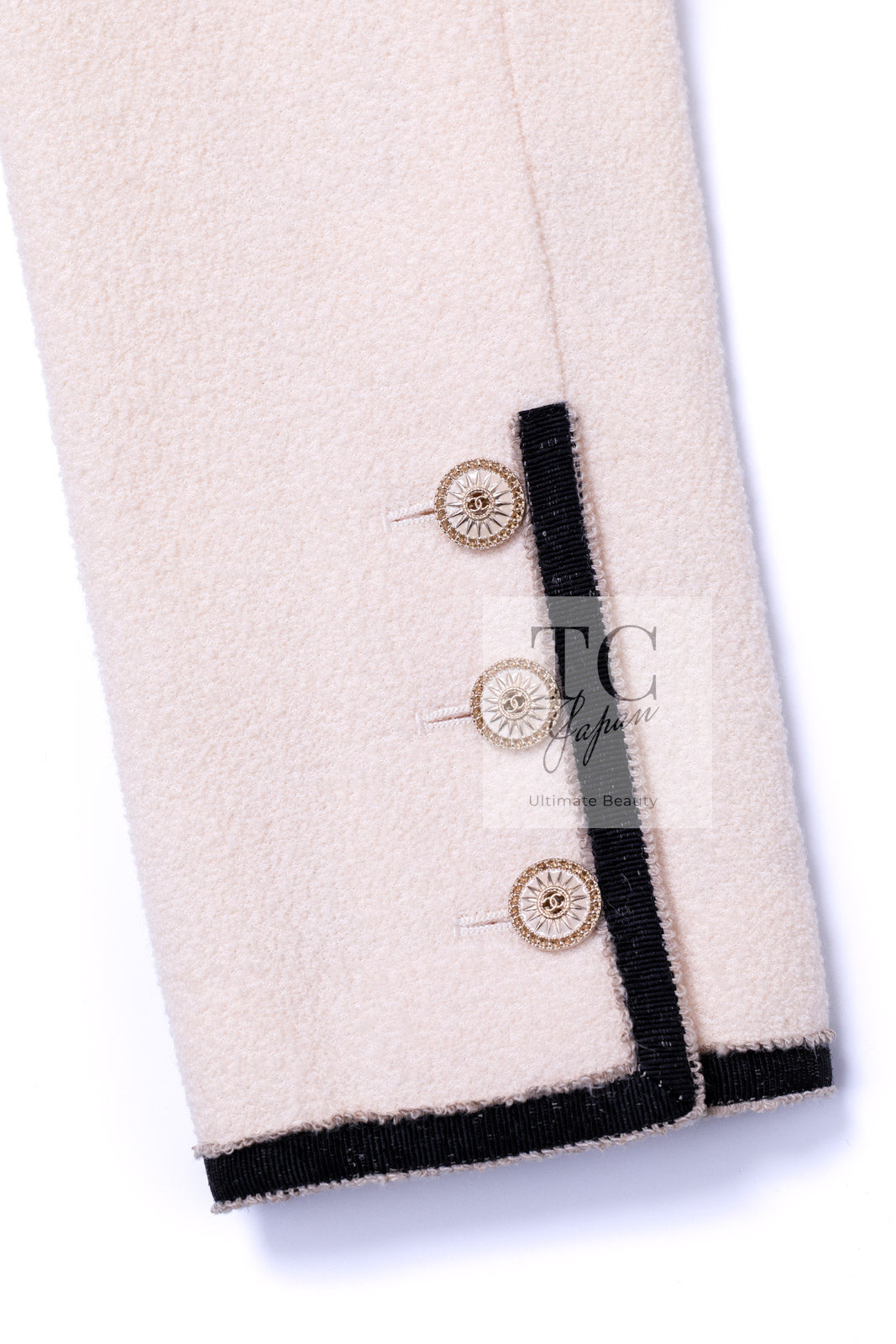 CHANEL 14C Ivory Black Trim Stand Collar Wool Jacket Coat 40 シャネル アイボリー ブラック トリム スタンド襟 ウール ジャケット コート 即発