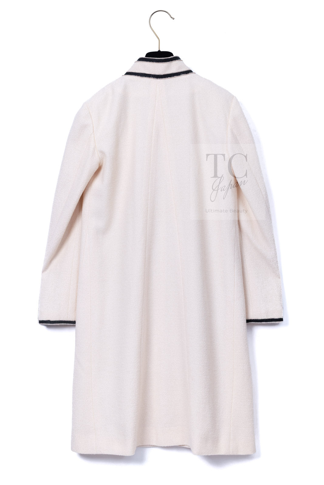 CHANEL 14C Ivory Black Trim Stand Collar Wool Jacket Coat 40 シャネル アイボリー ブラック トリム スタンド襟 ウール ジャケット コート 即発