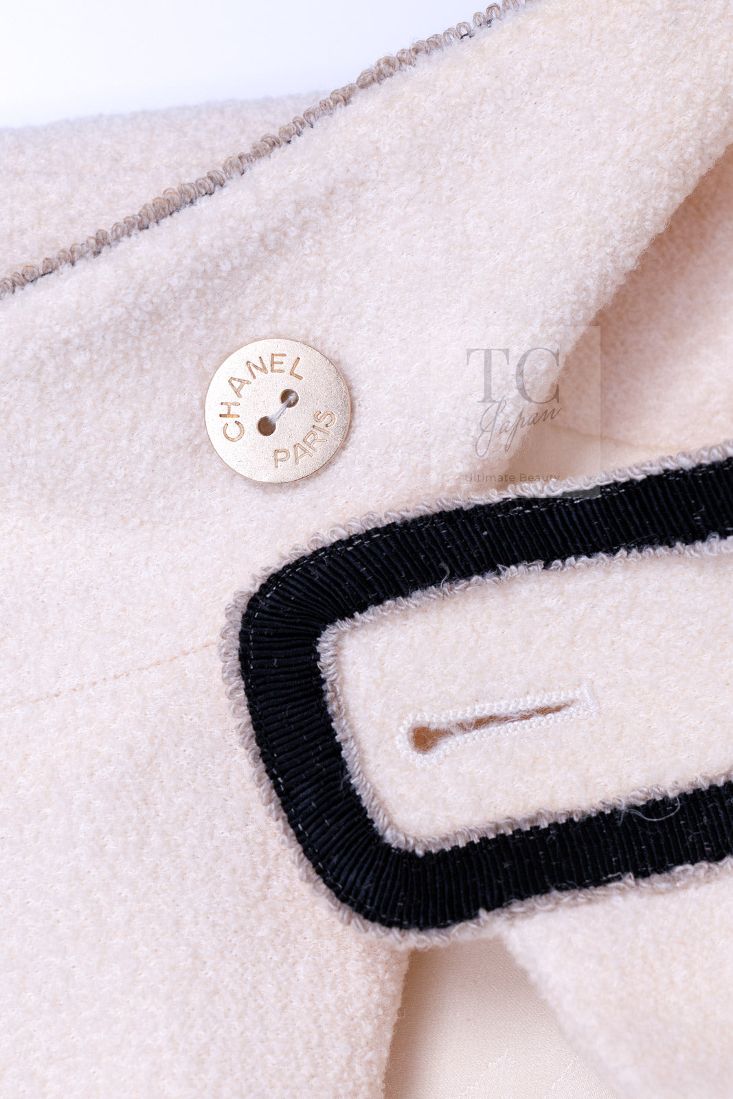 CHANEL 14C Ivory Black Trim Stand Collar Wool Jacket Coat 40 シャネル アイボリー ブラック トリム スタンド襟 ウール ジャケット コート 即発