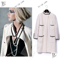 CHANEL 14C Ivory Black Trim Stand Collar Wool Jacket Coat 40 シャネル アイボリー ブラック トリム スタンド襟 ウール ジャケット コート 即発