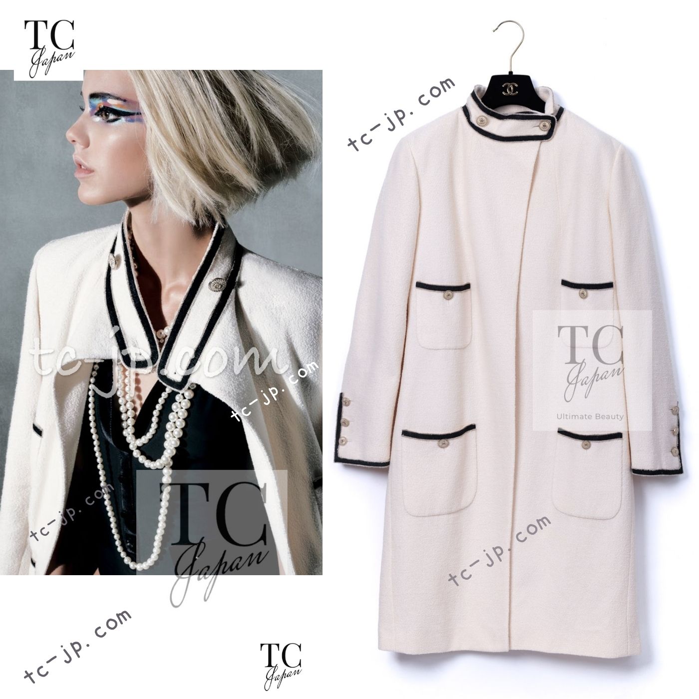 CHANEL 14C Ivory Black Trim Stand Collar Wool Jacket Coat 40 シャネル アイボリー ブラック トリム スタンド襟 ウール ジャケット コート 即発