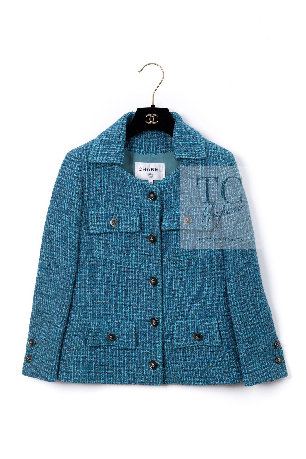 CHANEL 22PS Turquoise Blue Lion Button Tweed Jacket 36 38 シャネル ターコイズ ブルー ライオン ボタン ツイード ジャケット 即発