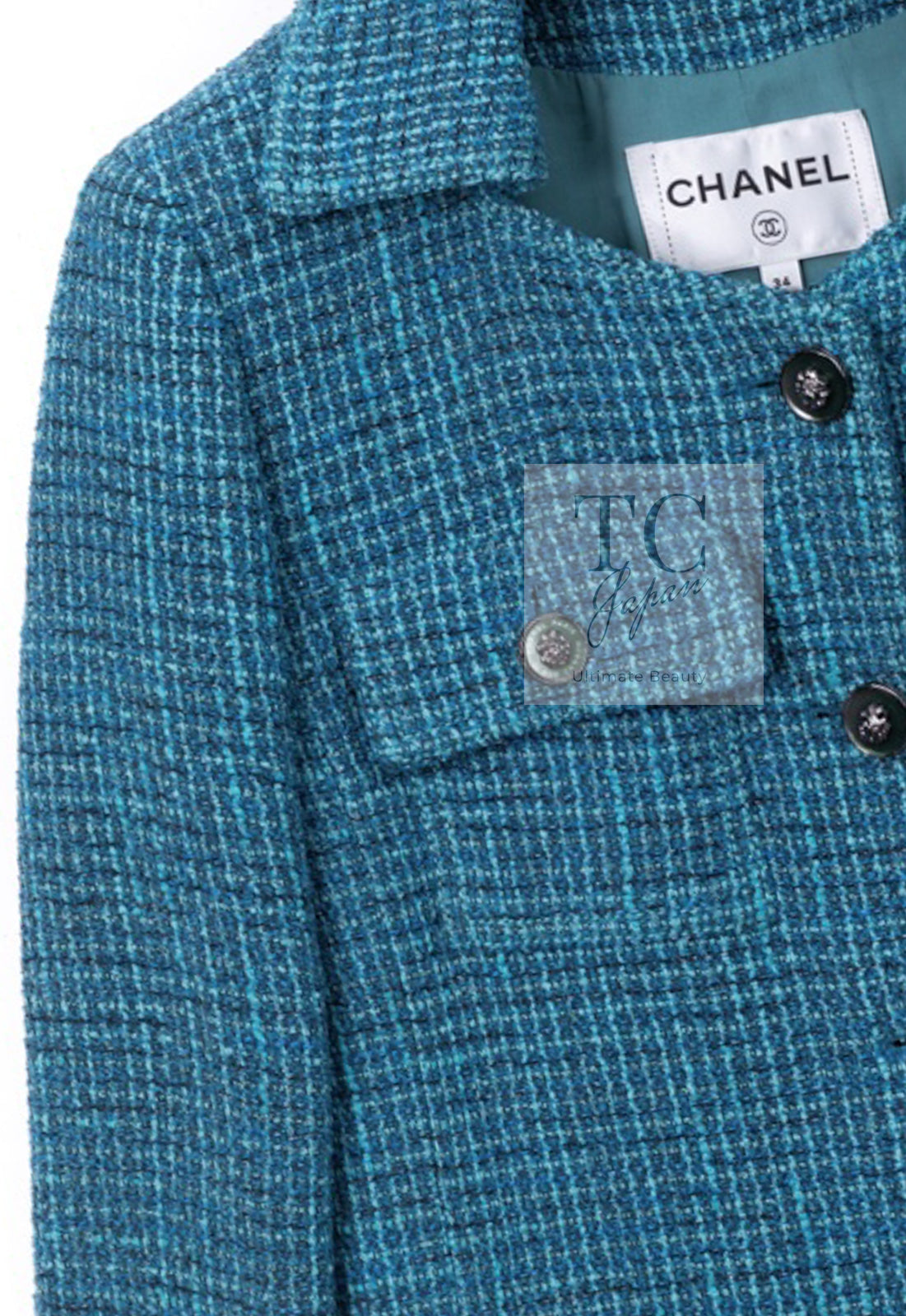 CHANEL 22PS Turquoise Blue Lion Button Tweed Jacket 36 38 シャネル ターコイズ ブルー ライオン ボタン ツイード ジャケット 即発