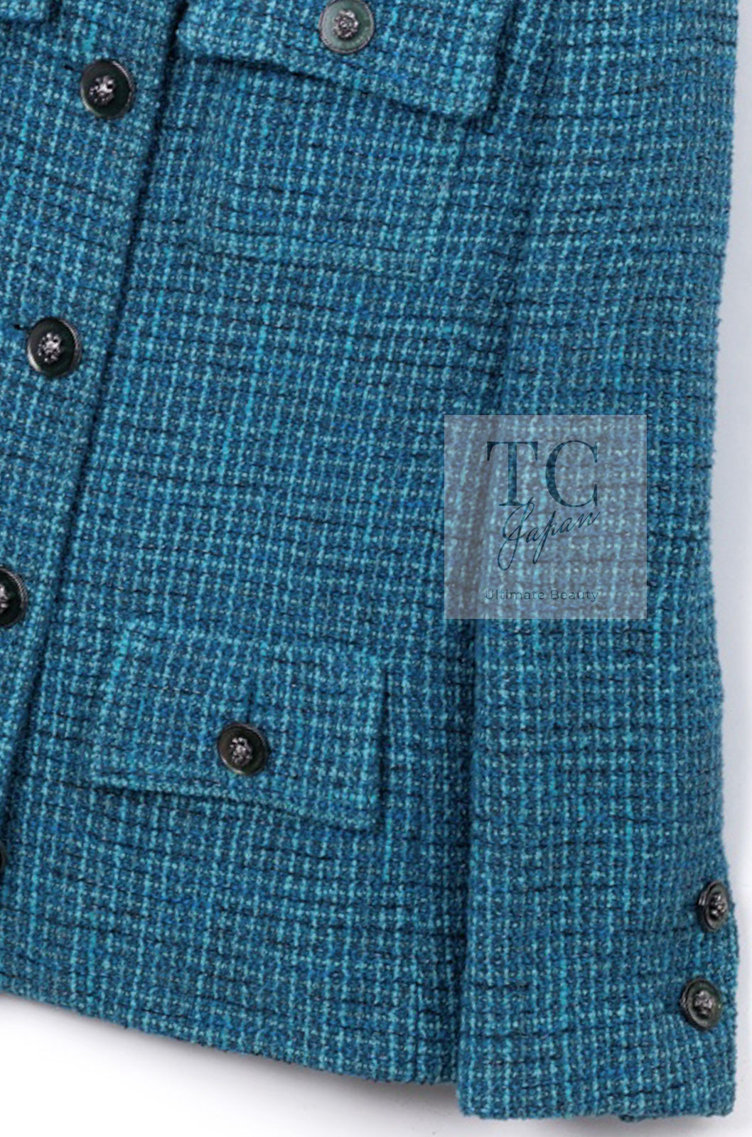CHANEL 22PS Turquoise Blue Lion Button Tweed Jacket 36 38 シャネル ターコイズ ブルー ライオン ボタン ツイード ジャケット 即発