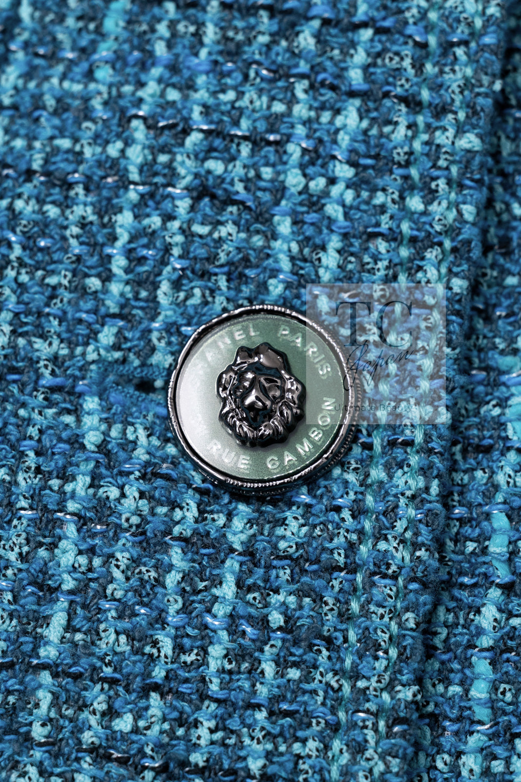 CHANEL 22PS Turquoise Blue Lion Button Tweed Jacket 36 38 シャネル ターコイズ ブルー ライオン ボタン ツイード ジャケット 即発
