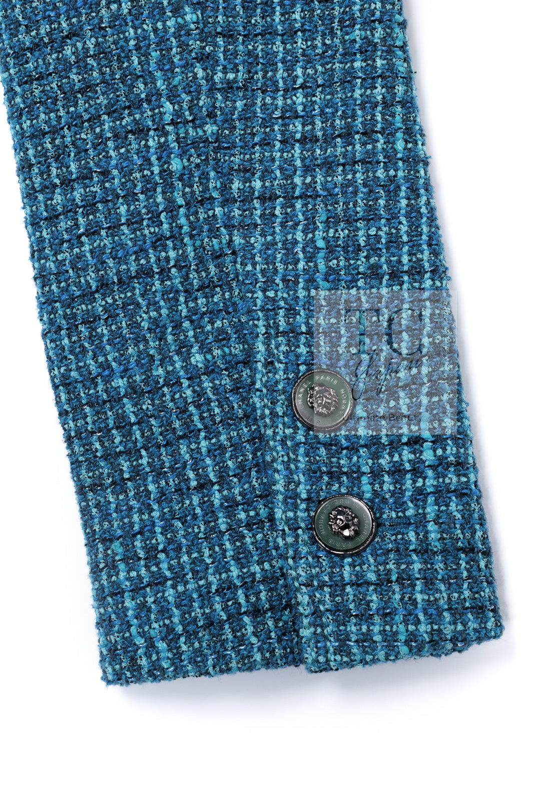 CHANEL 22PS Turquoise Blue Lion Button Tweed Jacket 36 38 シャネル ターコイズ ブルー ライオン ボタン ツイード ジャケット 即発