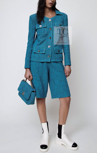 CHANEL 22PS Turquoise Blue Lion Button Tweed Jacket 36 38 シャネル ターコイズ ブルー ライオン ボタン ツイード ジャケット 即発