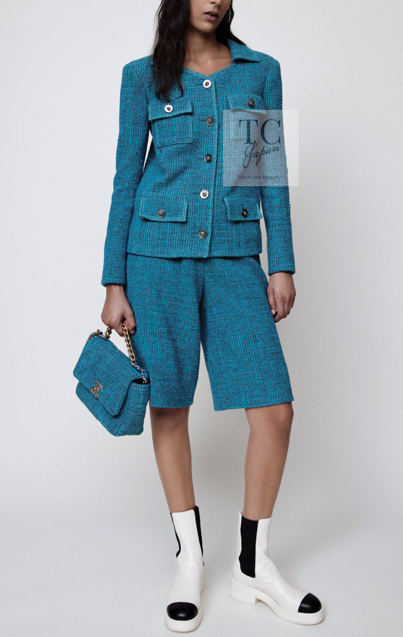 CHANEL 22PS Turquoise Blue Lion Button Tweed Jacket 36 38 シャネル ターコイズ ブルー ライオン ボタン ツイード ジャケット 即発