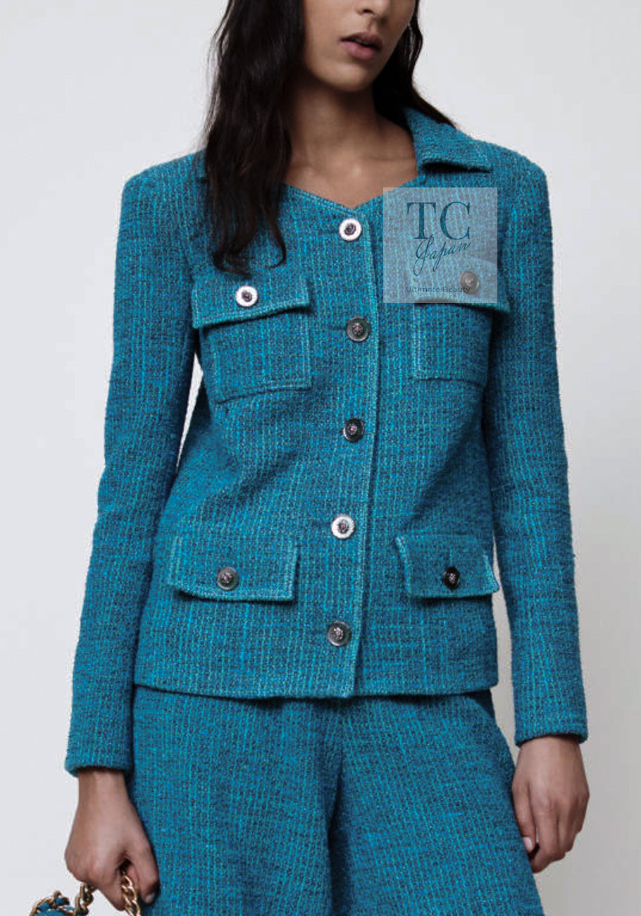 CHANEL 22PS Turquoise Blue Lion Button Tweed Jacket 36 38 シャネル ターコイズ ブルー ライオン ボタン ツイード ジャケット 即発