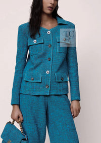 CHANEL 22PS Turquoise Blue Lion Button Tweed Jacket 36 38 シャネル ターコイズ ブルー ライオン ボタン ツイード ジャケット 即発