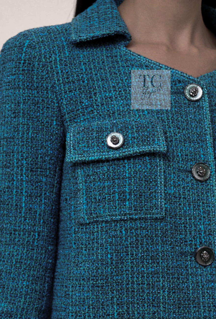 CHANEL 22PS Turquoise Blue Lion Button Tweed Jacket 36 38 シャネル ターコイズ ブルー ライオン ボタン ツイード ジャケット 即発