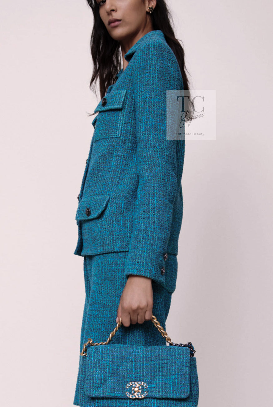 CHANEL 22PS Turquoise Blue Lion Button Tweed Jacket 36 38 シャネル ターコイズ ブルー ライオン ボタン ツイード ジャケット 即発