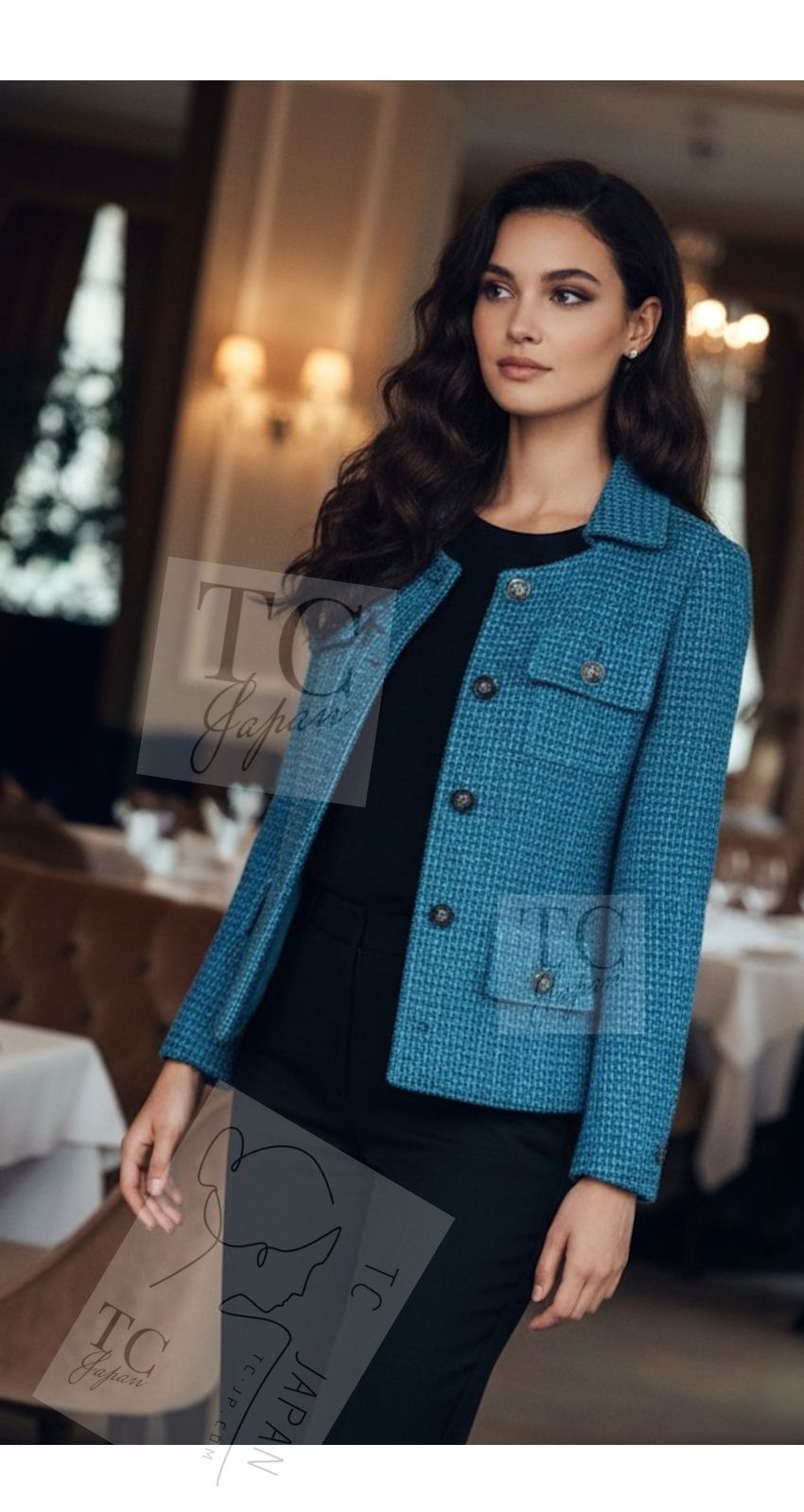 CHANEL 22PS Turquoise Blue Lion Button Tweed Jacket 36 38 シャネル ターコイズ ブルー ライオン ボタン ツイード ジャケット 即発
