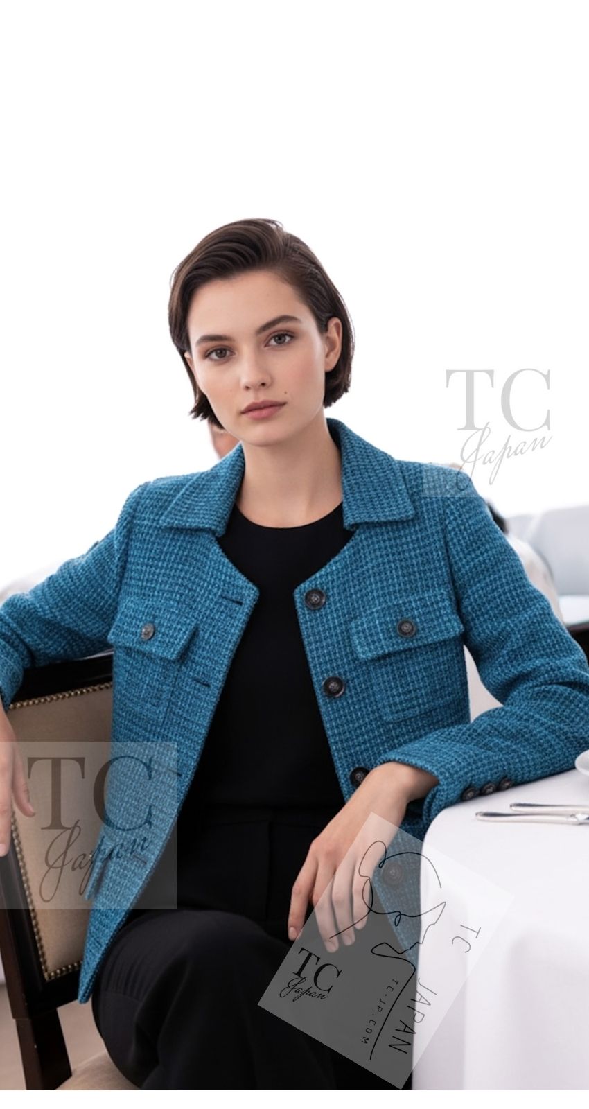CHANEL 22PS Turquoise Blue Lion Button Tweed Jacket 36 38 シャネル ターコイズ ブルー ライオン ボタン ツイード ジャケット 即発