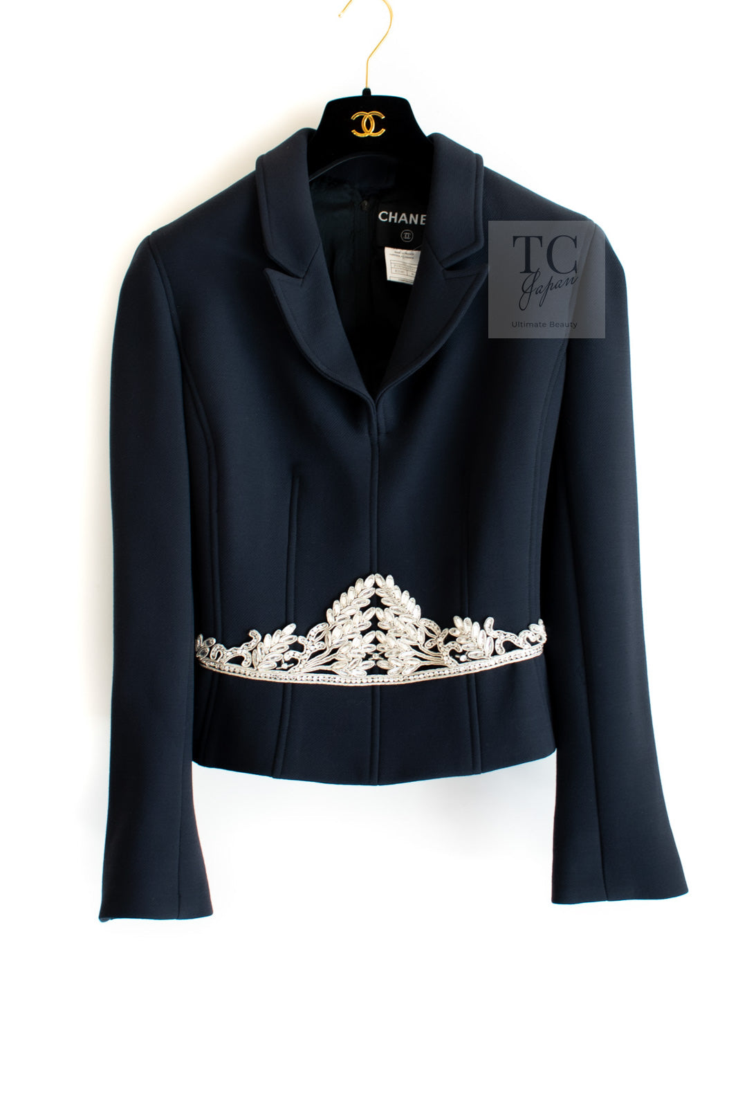 CHANEL 02A Dark Navy Rhinestones Wool Jacket 42 シャネル ダークネイビー ウール ヘップバーン風 ラインストーン 王冠ジャケット 即発