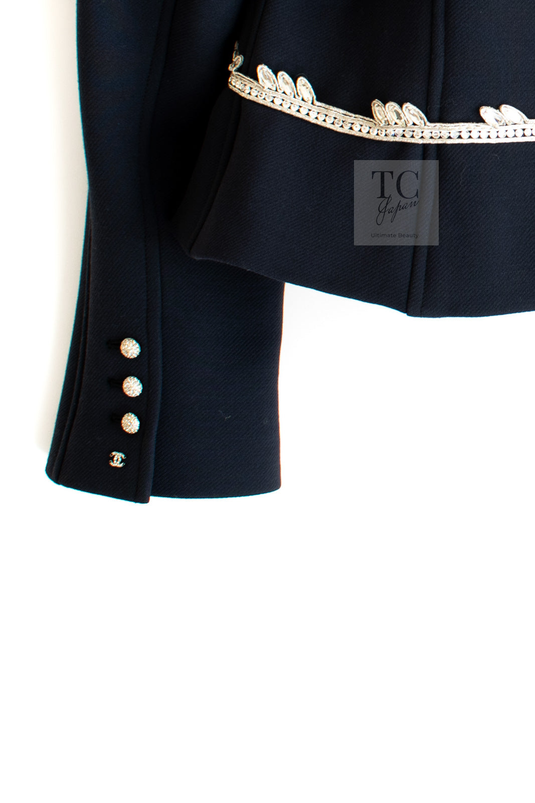 CHANEL 02A Dark Navy Rhinestones Wool Jacket 42 シャネル ダークネイビー ウール ヘップバーン風 ラインストーン 王冠ジャケット 即発