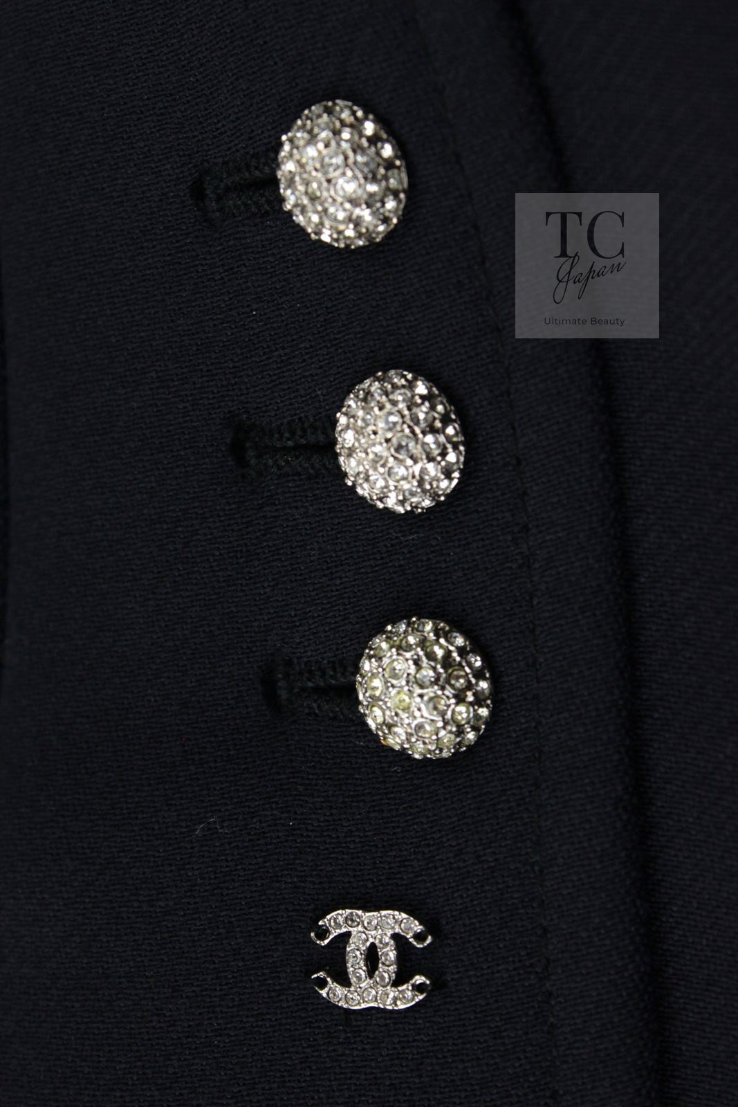 CHANEL 02A Dark Navy Rhinestones Wool Jacket 42 シャネル ダークネイビー ウール ヘップバーン風 ラインストーン 王冠ジャケット 即発