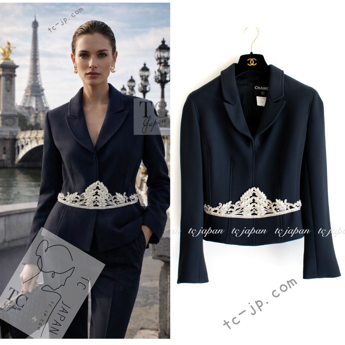 CHANEL 02A Dark Navy Rhinestones Wool Jacket 42 シャネル ダークネイビー ウール ヘップバーン風 ラインストーン 王冠ジャケット 即発