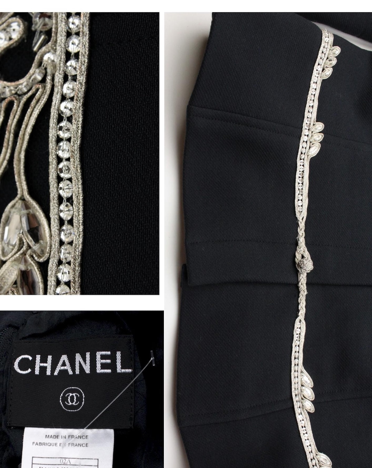 CHANEL 02A Dark Navy Rhinestones Wool Jacket 42 シャネル ダークネイビー ウール ヘップバーン風 ラインストーン 王冠ジャケット 即発