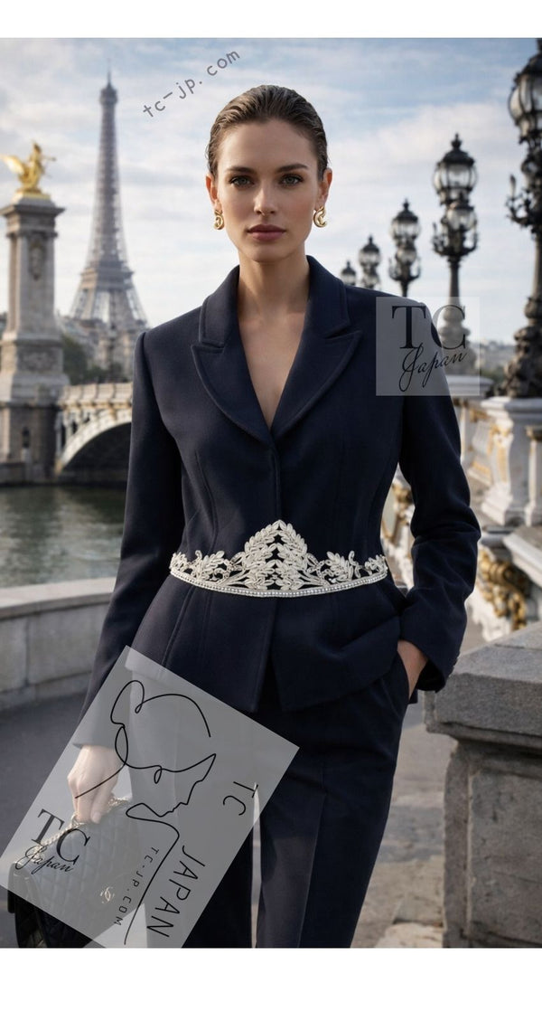 CHANEL dark navy rhinestone vintage wool jacket skirt suit