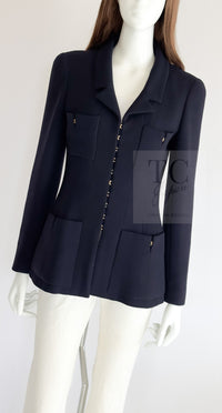 CHANEL 96A Vintage Dark Navy Wool Jacket CC Gold Button 36 38 シャネル ヴィンテージ ダークネイビー ウール ジャケット ゴールド ココボタン 即発