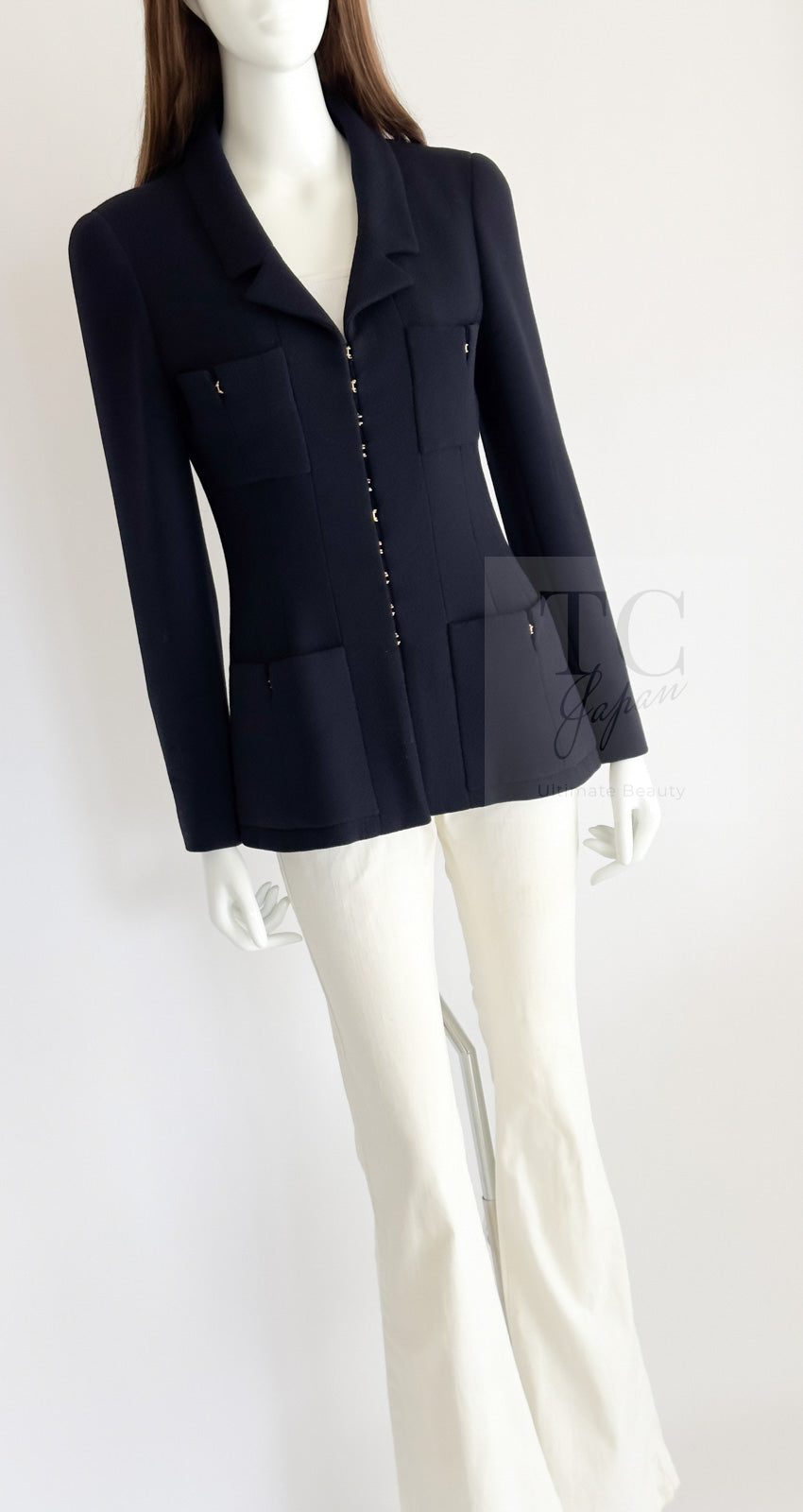 CHANEL 96A Vintage Dark Navy Wool Jacket CC Gold Button 36 38 シャネル ヴィンテージ ダークネイビー ウール ジャケット ゴールド ココボタン 即発