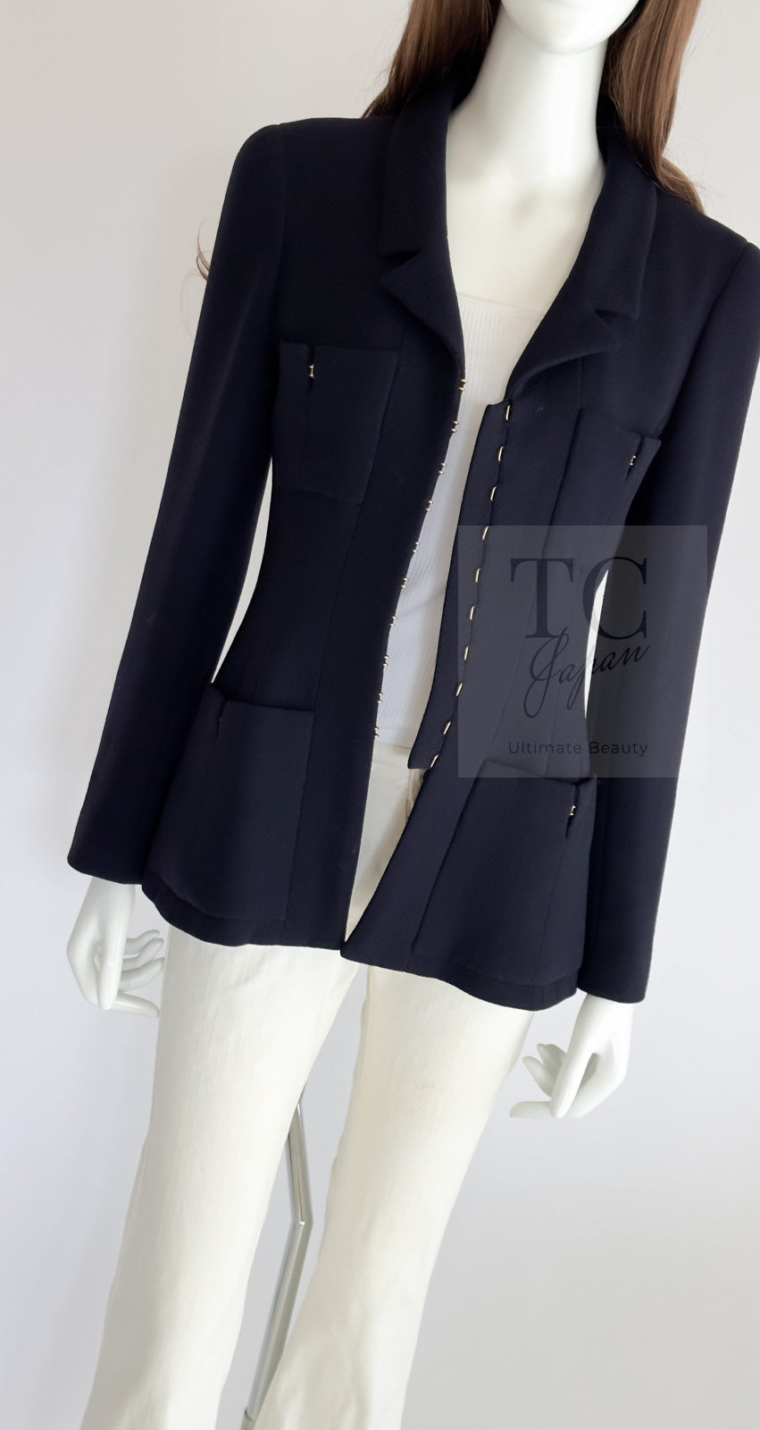 CHANEL 96A Vintage Dark Navy Wool Jacket CC Gold Button 36 38 シャネル ヴィンテージ ダークネイビー ウール ジャケット ゴールド ココボタン 即発
