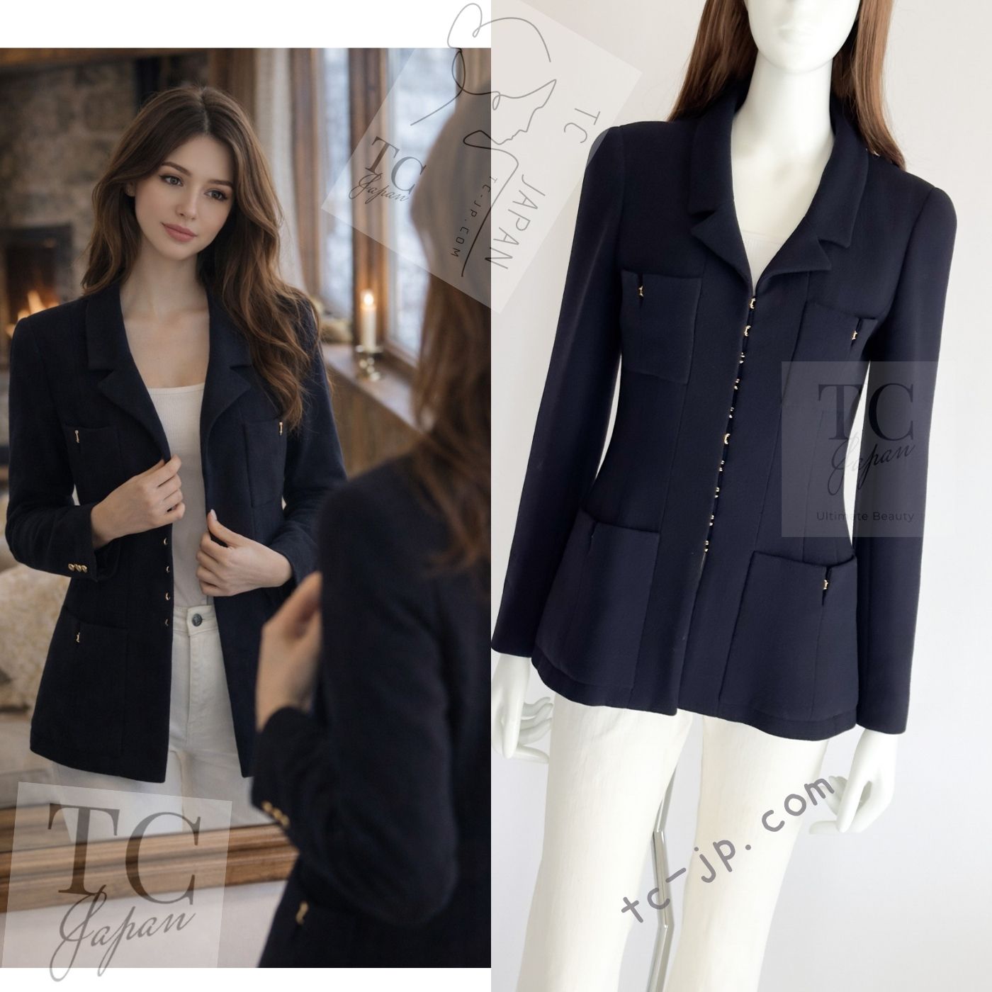 CHANEL 96A Vintage Dark Navy Wool Jacket CC Gold Button 36 38 シャネル ヴィンテージ ダークネイビー ウール ジャケット ゴールド ココボタン 即発