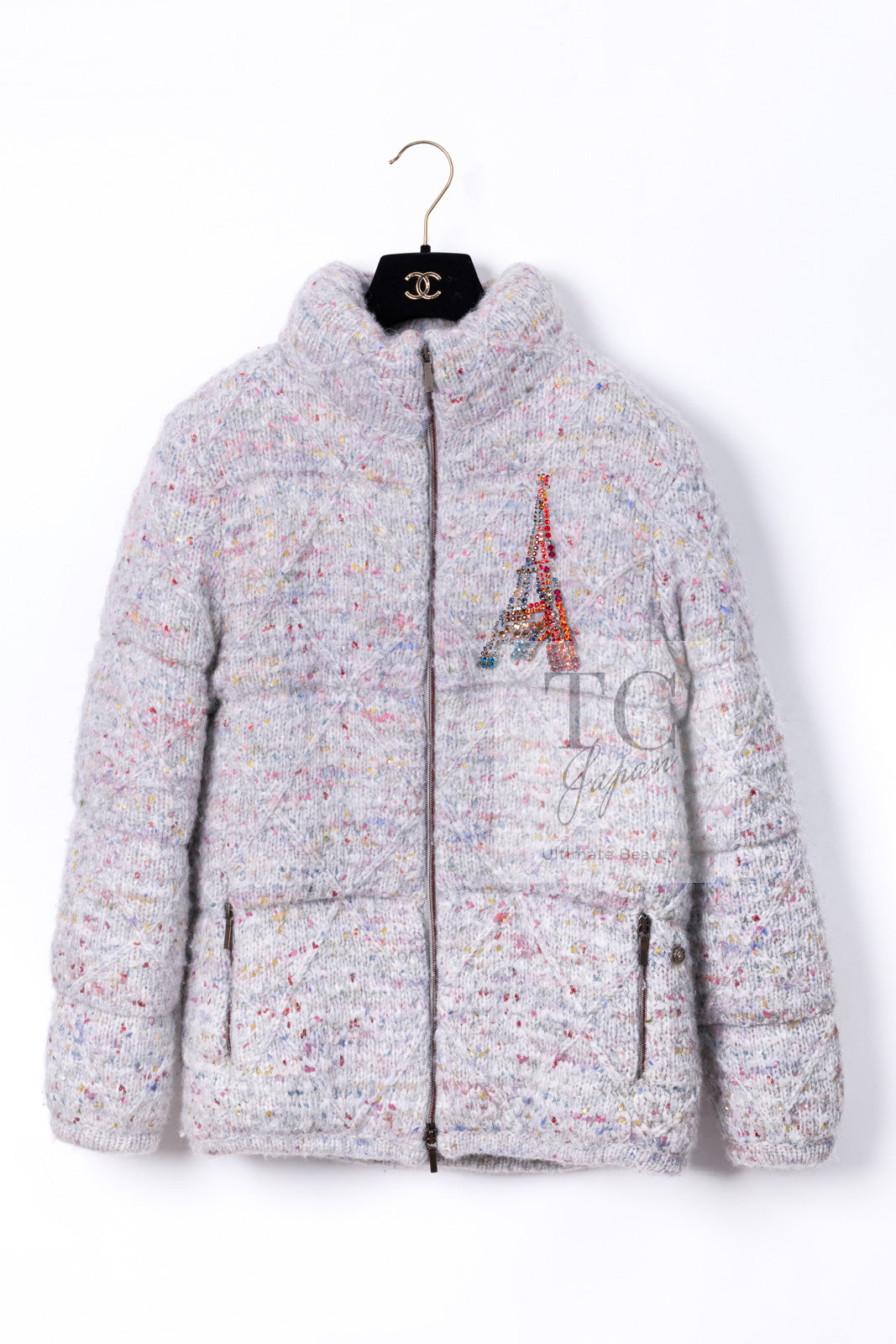 CHANEL 17PF Gray Multi Rhinestone Wool Alpaca Zip up Blouson Jumper Jacket 36 38 シャネル グレー マルチ ビジュー ラインストーン ウール アルパカ ジッパー ブルゾン ジャンパー ジャケット 即発