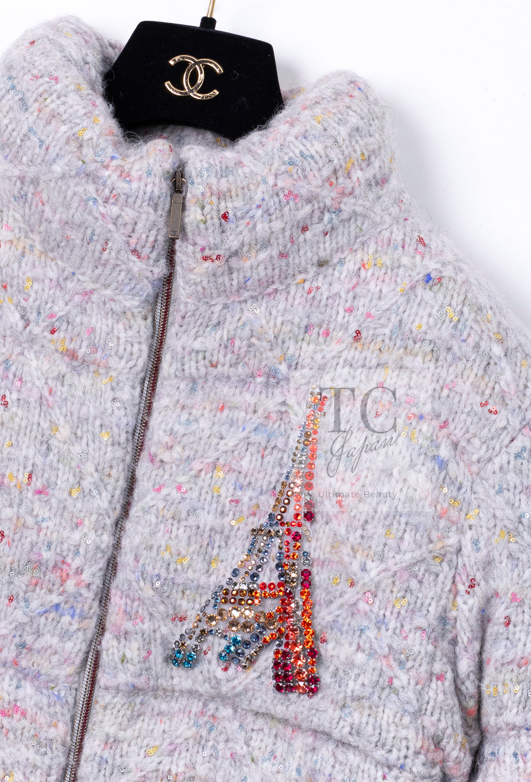 CHANEL 17PF Gray Multi Rhinestone Wool Alpaca Zip up Blouson Jumper Jacket 36 38 シャネル グレー マルチ ビジュー ラインストーン ウール アルパカ ジッパー ブルゾン ジャンパー ジャケット 即発