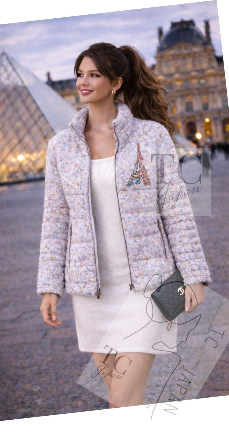 CHANEL 17PF Gray Multi Rhinestone Wool Alpaca Zip up Blouson Jumper Jacket 36 38 シャネル グレー マルチ ビジュー ラインストーン ウール アルパカ ジッパー ブルゾン ジャンパー ジャケット 即発