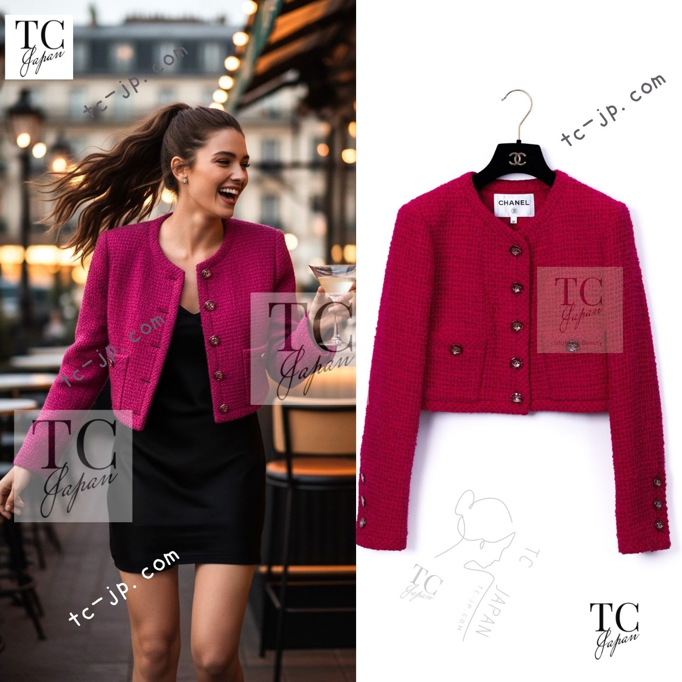 CHANEL 21A Pink Red Coco Buttons Cropped Wool Tweed Jacket 36 38 シャネル ピンク レッド ココボタン クロップド ウール ツイード ジャケット 即発