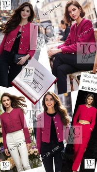 CHANEL 21A Pink Red Coco Buttons Cropped Wool Tweed Jacket 36 38 シャネル ピンク レッド ココボタン クロップド ウール ツイード ジャケット 即発