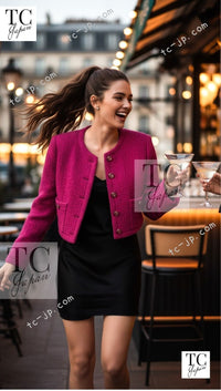 CHANEL 21A Pink Red Coco Buttons Cropped Wool Tweed Jacket 36 38 シャネル ピンク レッド ココボタン クロップド ウール ツイード ジャケット 即発 - TC JAPAN