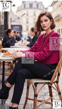 CHANEL 21A Pink Red Coco Buttons Cropped Wool Tweed Jacket 36 38 シャネル ピンク レッド ココボタン クロップド ウール ツイード ジャケット 即発