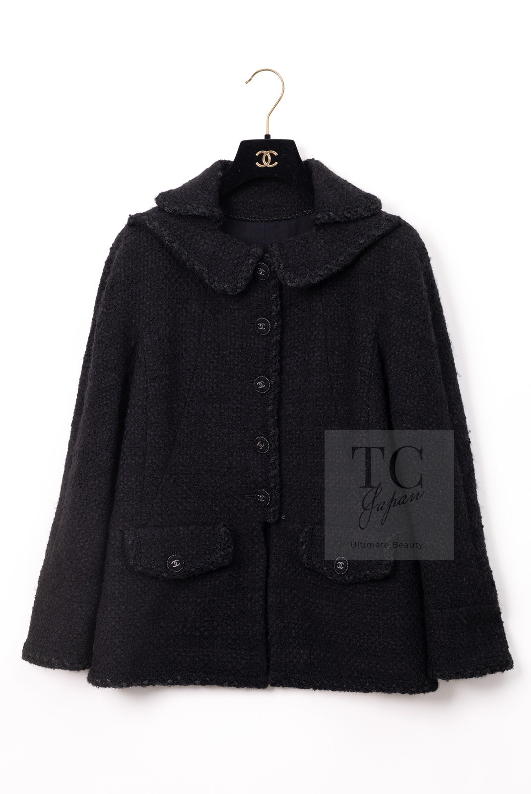 CHANEL 13B Black Peter Pan Collar CC Button Wool Tweed Jacket 42 シャネル ブラック ピーターパン襟 ココマーク ボタン ウール ツイード ジャケット 即発