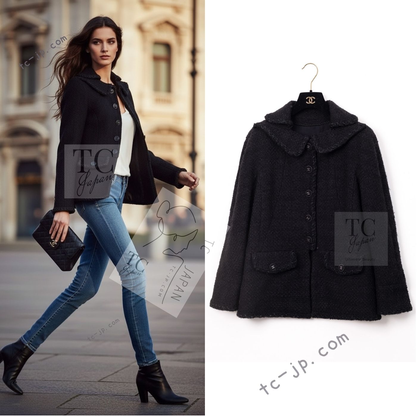 CHANEL 13B Black Peter Pan Collar CC Button Wool Tweed Jacket 42 シャネル ブラック ピーターパン襟 ココマーク ボタン ウール ツイード ジャケット 即発