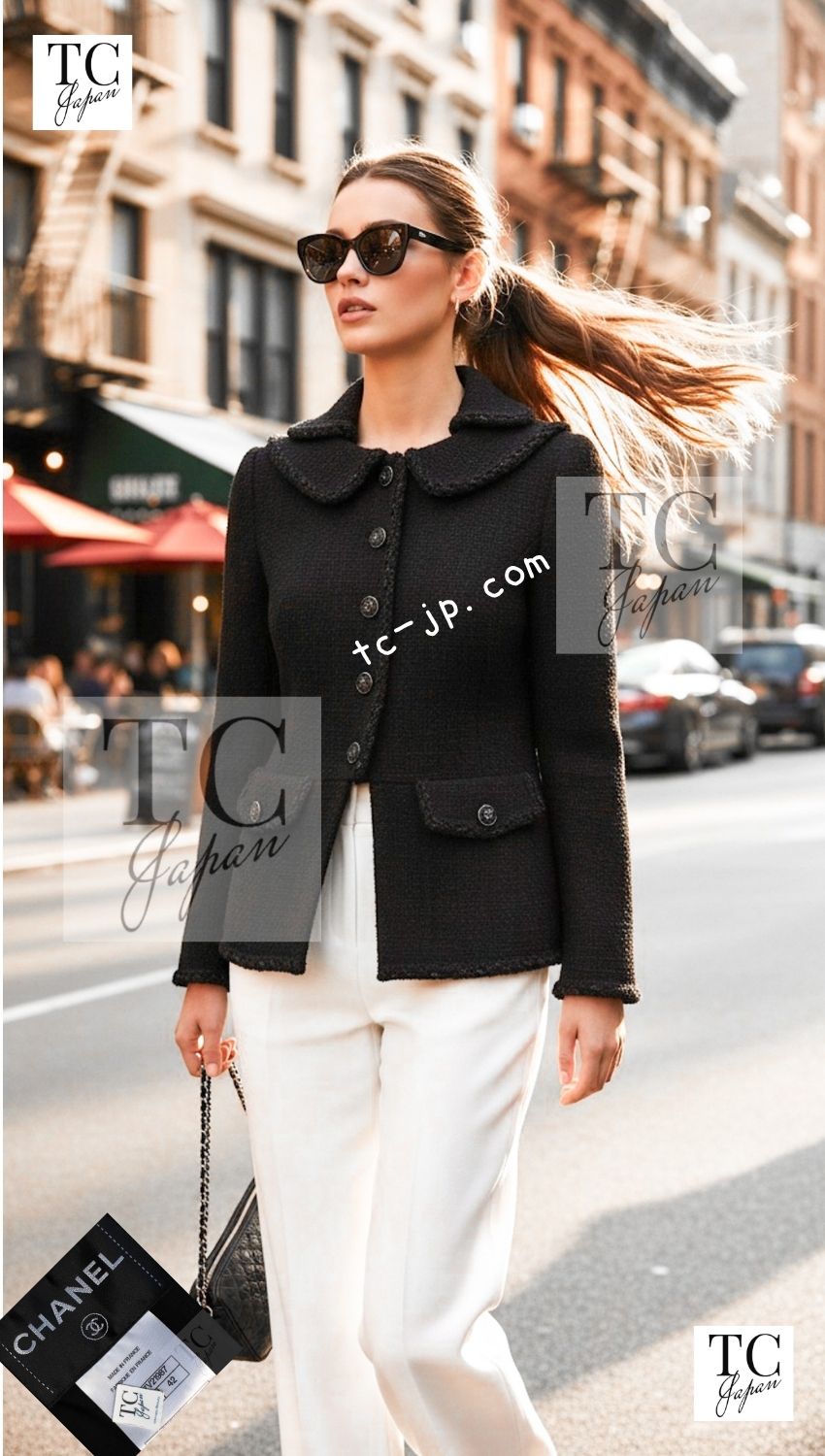 CHANEL 13B Black Peter Pan Collar CC Button Wool Tweed Jacket 42 シャネル ブラック ピーターパン襟 ココマーク ボタン ウール ツイード ジャケット 即発
