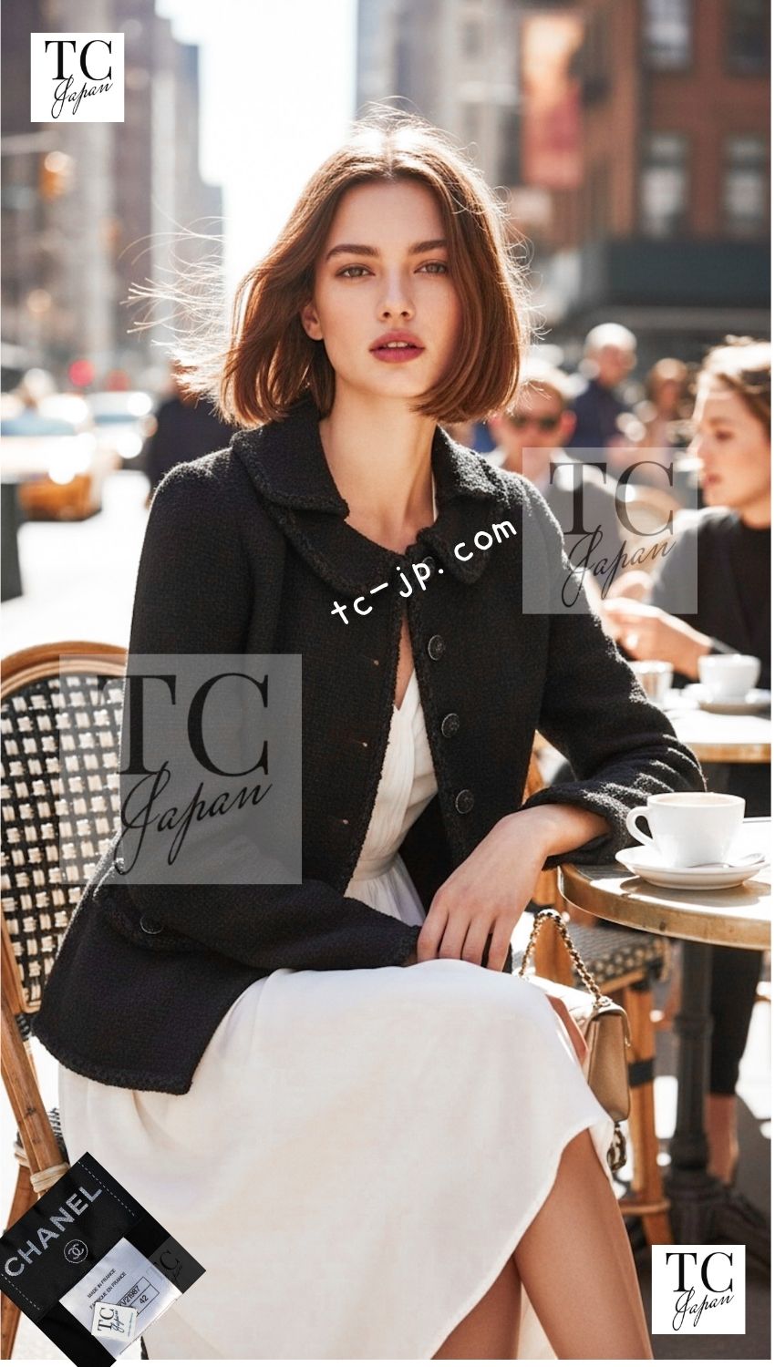 CHANEL 13B Black Gray Peter Pan Collar Wool Tweed Jacket 36 38 シャネル ブラック グレー ピーターパン襟 ウール ツイード ジャケット 即発