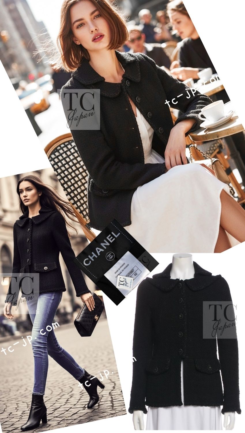 CHANEL 13B Black Gray Peter Pan Collar Wool Tweed Jacket 36 38 シャネル ブラック グレー ピーターパン襟 ウール ツイード ジャケット 即発