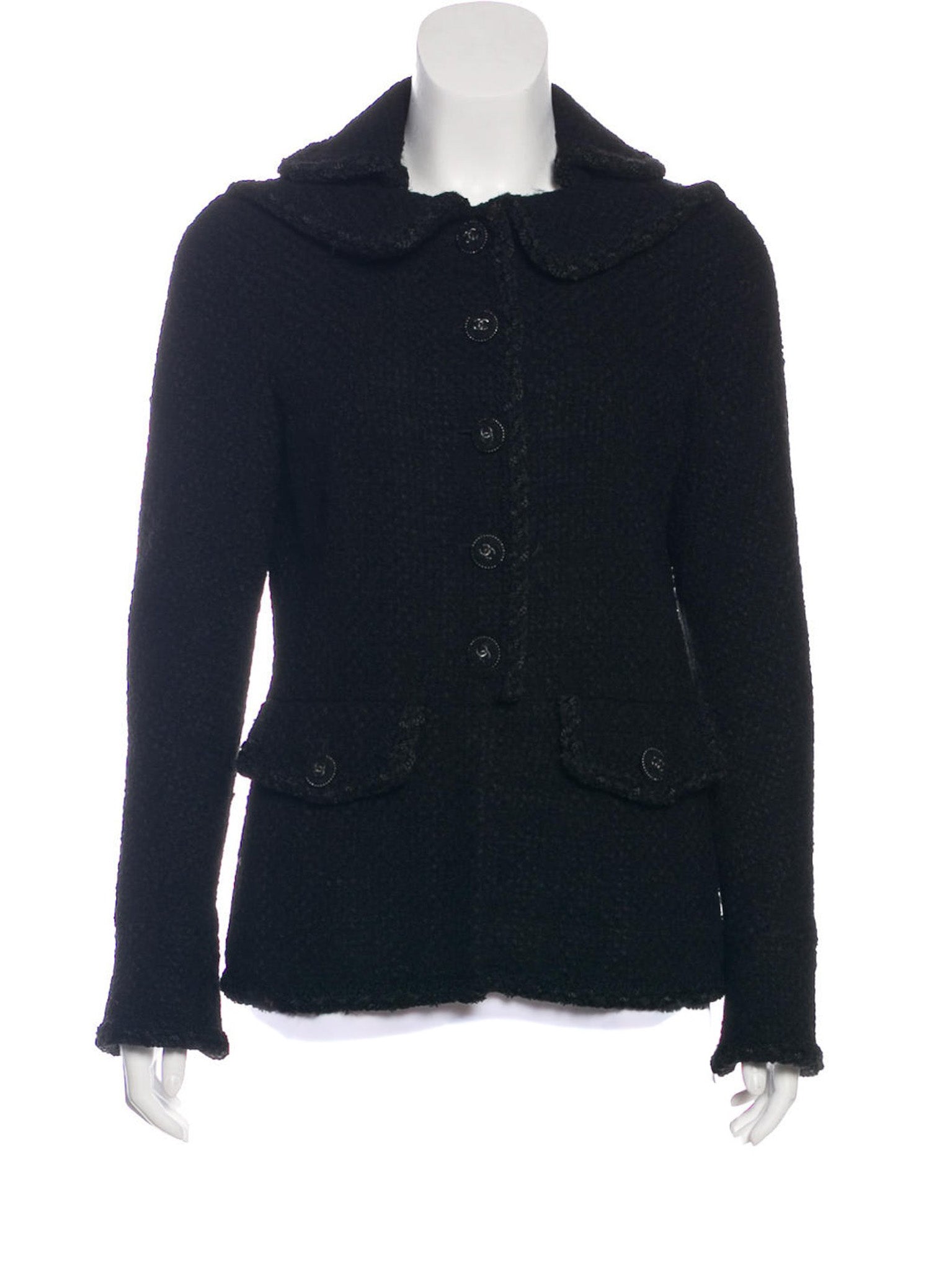 CHANEL 13B Black Peter Pan Collar CC Button Wool Tweed Jacket 42 シャネル ブラック ピーターパン襟 ココマーク ボタン ウール ツイード ジャケット 即発