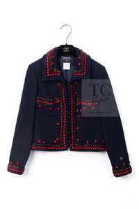 CHANEL 97A Vintage Navy Red Brown Pom Pom Embellishments Trim Wool Tweed Jacket 42 シャネル ヴィンテージ ネイビー レッド ブラウン ポンポン トリム ウール ツイード ジャケット 即発
